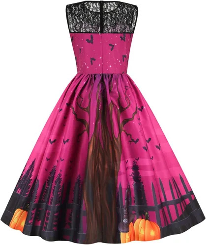 Vista 4 de Vestido de Halloween para mujer, cuello redondo, sin mangas, encaje, retro, delgado, dobladillo grande, 2022