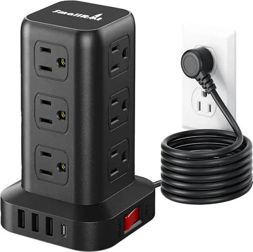 Vista 13 de SMALLRT - Cable de extensión con múltiples tomas, torre de regleta de alimentación con protector de sobretensiones, extensor de salida con 12