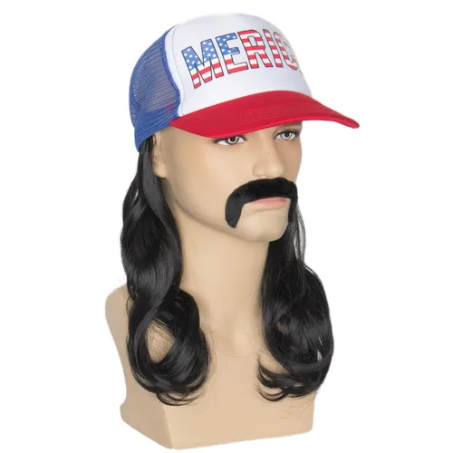 Vista 6 de Yan Dream Peluca de sombrero de salmonete rizado negro con bigote para el 4 de julio, sombrero de disfraz americano con pelo para hombres, fiesta