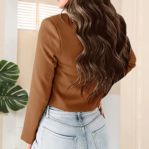 Vista 5 de Calssic - Chaqueta corta para mujer, con un botón, parte delantera abierta, manga larga, ligera, para el trabajo, oficina, bonita, ombliguera
