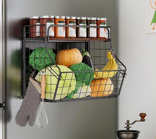Vista 7 de MOJOHAND Estante magnético para refrigerador con tapa de madera, papelera de almacenamiento de papas y cebollas, organizador y almacenamiento
