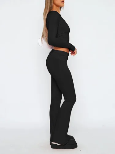 Vista 2 de Raikamitu Conjuntos de descanso para mujer, 2 piezas, manga larga, recortada, pantalones acampanados, conjuntos casuales de yoga, conjunto de dos