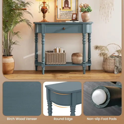 Vista 5 de Giantex Mesa consola de 2 niveles, mesa de entrada retro de 36 pulgadas con cajón de almacenamiento y patas elegantes, mesa de sofá de madera Azul