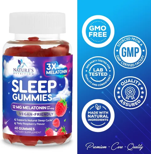 Vista 4 de Gomitas de melatonina para dormir, melatonina de 12 mg por porción, extra fuerte para apoyar el sueño, gomitas de melatonina, suplemento vegano