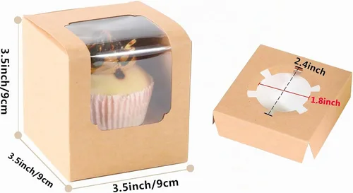 Vista 2 de 25 unidades de recipientes blancos individuales para cupcakes con insertos de ventana, asa para cajas de dulces de boda (25P-marrón)