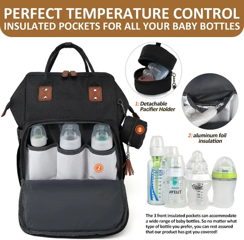 Vista 6 de Mochila para pañales para bebé, niña, niño, viaje, diseño unisex con funda para chupete, bolsillo para robo, cambiador, Negro -, Mochilas de viaje