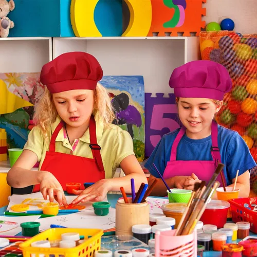 Vista 7 de Juego de delantal y sombrero de chef para niños, 8 piezas de delantales ajustables con bolsillos para cocina, cocina, hornear, pintura