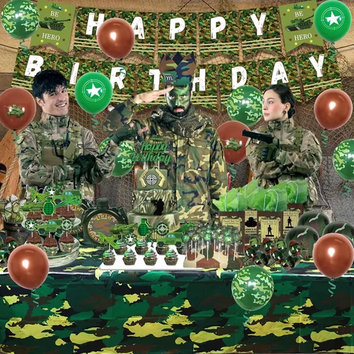 Vista 2 de Decoraciones de fiesta de cumpleaños de camuflaje para niños, niñas y adultos, pancarta de camuflaje de feliz cumpleaños, mantel, globos de látex