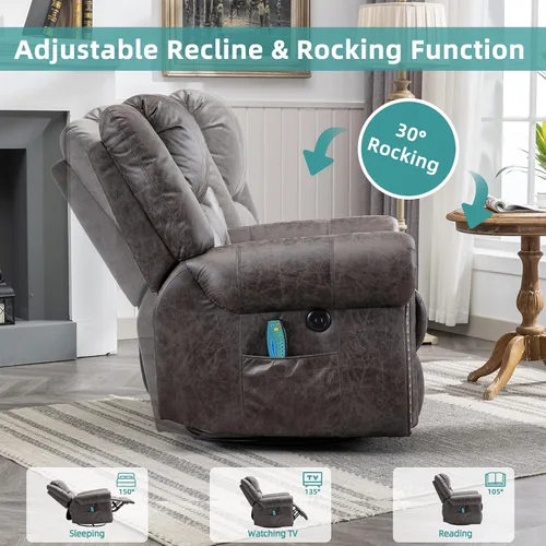 Vista 7 de MEETWARM Sillón reclinable giratorio de masaje con calor y vibración, mecedora manual mecedora, silla reclinable giratoria de 360° con control Gris