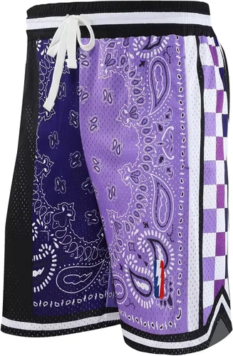 Vista 3 de BOOMLEMON Pantalones cortos de baloncesto para hombre, pantalones cortos de entrenamiento atléticos de cachemira, pantalones cortos de malla