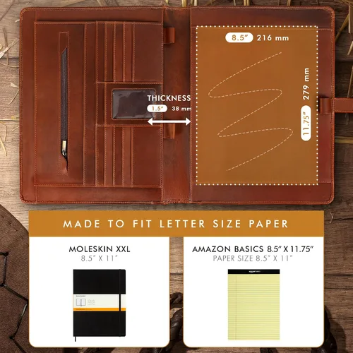 Vista 3 de Carpeta de piel ELIZO, portafolio de cuero para hombres y mujeres, organizador profesional de cartera de negocios, cartera de cuero con correa