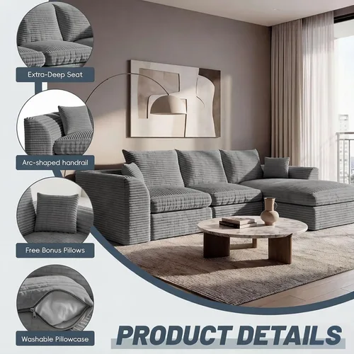 Vista 6 de Sofá modular modular de 106 pulgadas con asiento profundo, sofá de pana en forma de L con diván reversible, juego de 3 piezas para sala de estar Gris