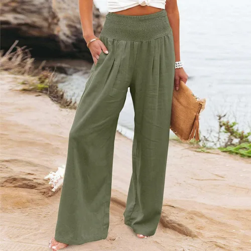 Vista 5 de SHAOBGE Pantalones palazzo de verano para mujer, cintura alta, pierna ancha, casual, cintura elástica, pantalones de playa con bolsillos