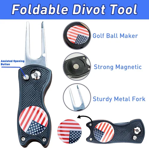 Vista 4 de Cepillo de palo de golf y toallas de golf con bandera americana, kit de limpieza de ranuras de golf, herramienta de limpieza de accesorios de golf