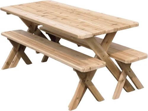 Vista 4 de 4’ Red Cedar Crossleg Table with 2 Benches, Cedar Stain