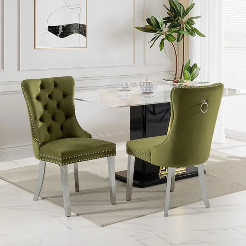 Vista 110 de SoarFlash Juego de 2 sillas de comedor de terciopelo, silla lateral de respaldo alto, silla lateral moderna tapizada de alta gama con botones Beige