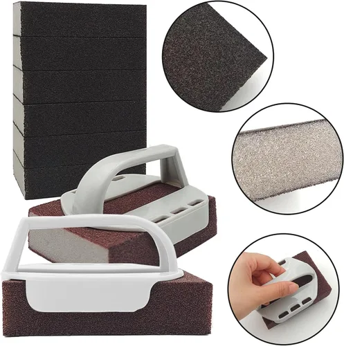 Vista 3 de 8 piezas de ladrillos de limpieza de ladrillos de limpieza de parrilla con 2 piezas de mango superior plano para eliminar manchas al aire libre