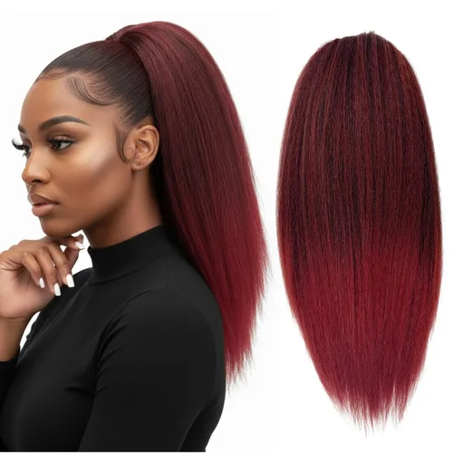 Vista 22 de Cola de caballo recta Yaki de 12 pulgadas con cordón para mujeres negras, sintética, gruesa, recta, longitud del hombro, extensión de cola