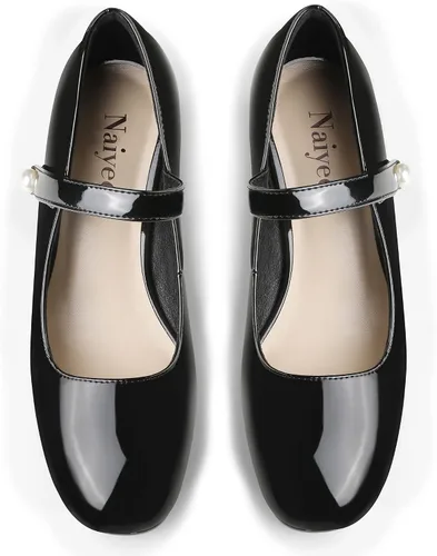 Vista 2 de Naiyee Mary Jane Shoes - Zapatos de vestir con correa de tobillo y tacón grueso para mujer, zapatos de tacón bajo con punta redondeada