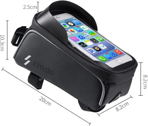 Vista 5 de Bolsa de marco de bicicleta, soporte para teléfono de bicicleta, bolsa impermeable para manillar de bicicleta, bolsa de tubo frontal superior