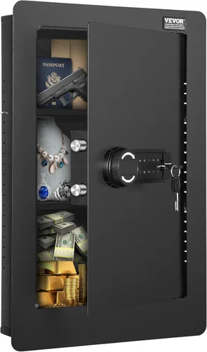 Vista 13 de VEVOR Caja fuerte de pared oculta de 3 niveles con huella digital, contraseña, llave y perilla giratoria, Q235 caja de pared de acero laminado