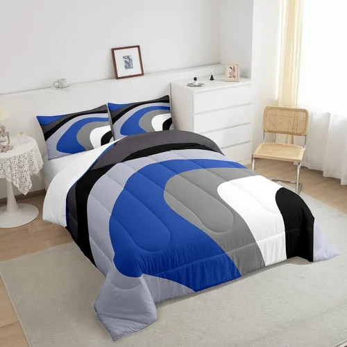 Vista 4 de Juego de edredón de remolinos azul real, negro y gris, juego de ropa de cama moderno con diseño de remolinos para niños, adolescentes, niños
