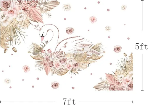 Vista 3 de MEHOFOND Telón de fondo bohemio de cisne, hierba de las pampas, color oro rosa, para baby shower, fiesta, fotografía, fondo de fotografía de flores