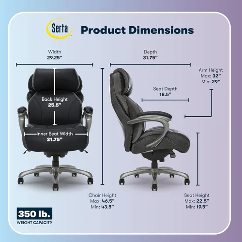 Vista 3 de Silla de oficina Serta grande y alta con capas inteligentes y tecnología de aire, Cuero, Negro