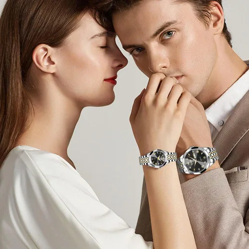 Vista 17 de OLEVS Reloj para parejas para él y ella, reloj analógico de cuarzo para hombres y mujeres, de acero inoxidable, impermeable, luminoso, fecha, reloj