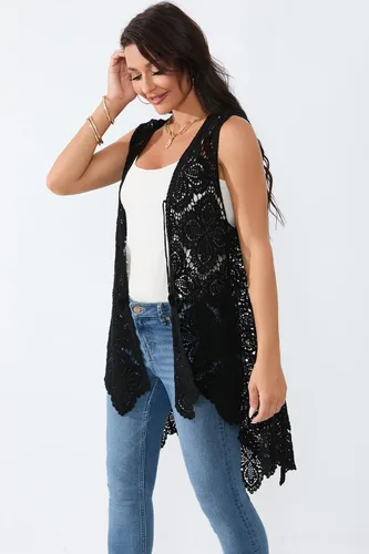 Vista 5 de Chaleco de encaje de ganchillo para mujer, estilo bohemio, sin mangas, kimono con dobladillo irregular