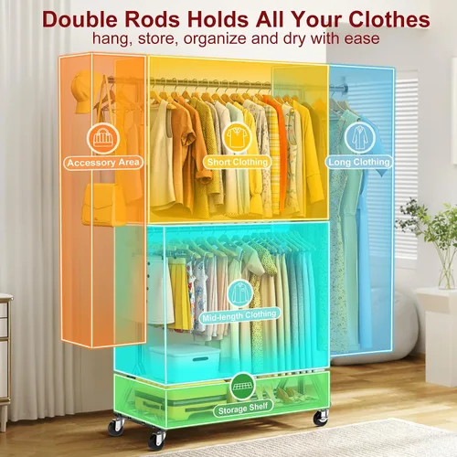 Vista 5 de Perchero resistente con carga de 760 libras, estante de ropa con ruedas de doble nivel, altura ajustable para colgar ropa, estante de metal