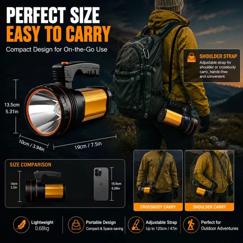 Vista 6 de Linternas de alto lúmenes, 9000 lúmenes, linterna impermeable IPX5, foco recargable de espera ultra largo de 20 horas con correa para el hombro