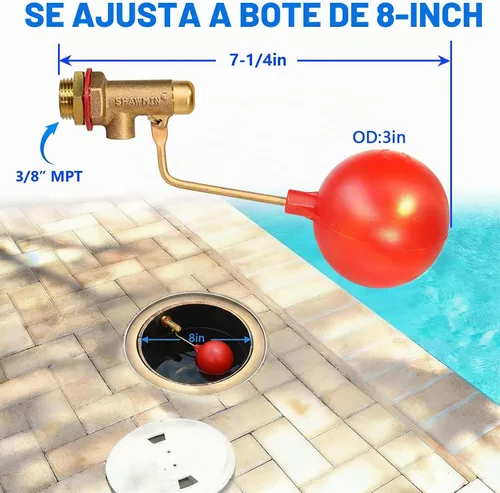 Vista 2 de Válvula de flotador de llenado automático de piscina 3/8", válvula de nivel de agua de latón para piscina y estanque