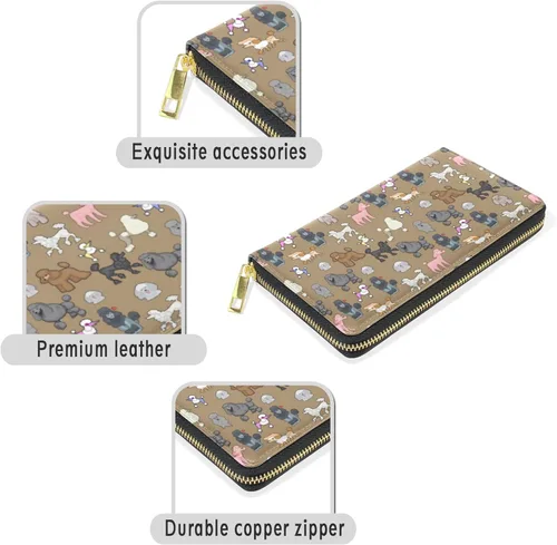 Vista 3 de Cartera larga para mujer, monedero con cremallera, cartera de cuero, Poodle, Cartera con cremallera