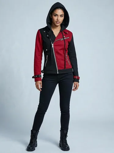 Vista 2 de Chaqueta Racer de cuero real para mujer, chaqueta de satén para fiesta, sudadera con capucha de algodón de dos tonos