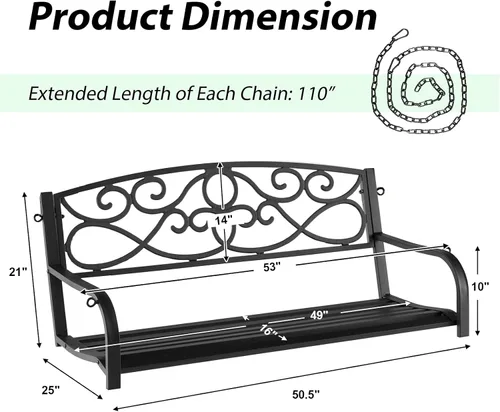 Vista 8 de Giantex Columpios de metal para porche, banco de jardín colgante para 2 personas al aire libre con cadenas resistentes, asiento ancho y reposabrazos