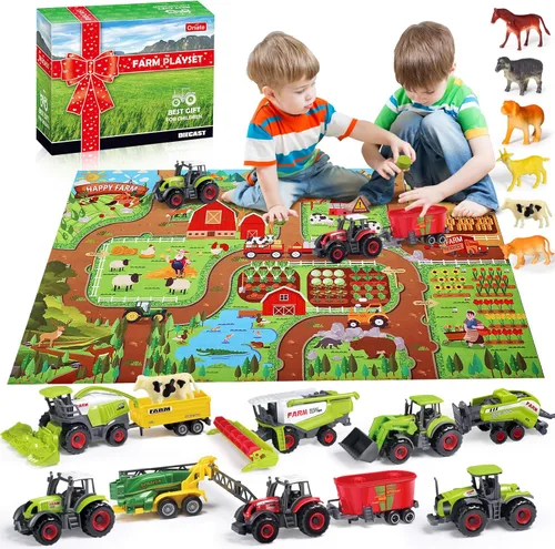 Vista 8 de Oriate Transportador de tractor de granja con animales de granja de dibujos animados y tapete de juego, paquete de 6 juguetes rociadores de baño