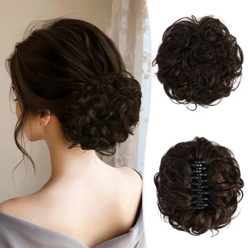 Vista 31 de RUWISS Extensiones de cabello humano real, ondulado y rizado, moño despeinado, cola de caballo para mujer (12H24# castaño rojo/rubio mediano)