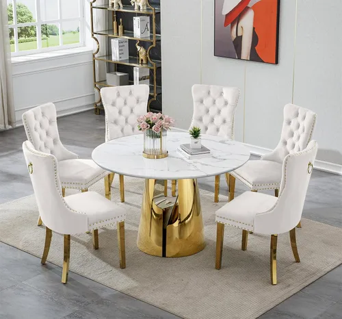 Vista 25 de SSLine Mesa de comedor redonda de mármol sintético blanco para 4-6, mesa de Mesa de oro blanco
