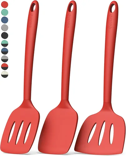Vista 8 de Coukre Juego de 3 espátulas de silicona, resistentes a altas temperaturas, sin BPA, espátulas para pescado, mango sólido y ranurado para sartenes