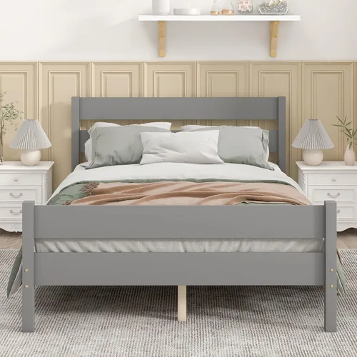 Vista 3 de Marco de cama de plataforma de madera maciza tamaño matrimonial con cabecera de madera, listones resistentes, soporte de cama individual para niños