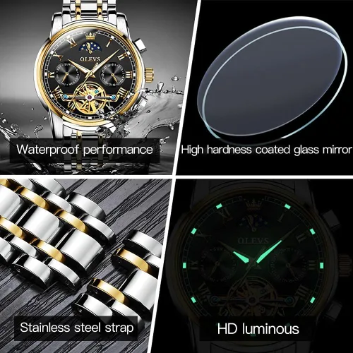 Vista 6 de OLEVS Relojes automáticos para hombre, diseño de esqueleto Tourbillon, cuerda automática, reloj de pulsera de lujo, fase lunar, fecha, impermeable