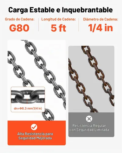 Vista 4 de VEVOR Eslinga de cadena, cadenas de elevación de 1/4 pulgadas x 5 pies con ganchos de agarre de 4 brazos, eslinga de elevación de acero de aleación