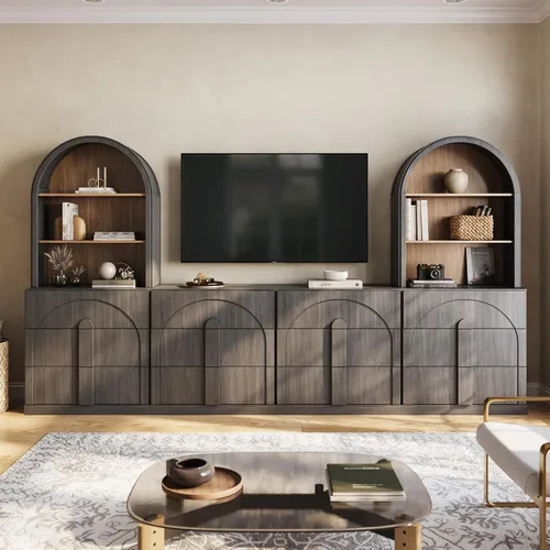 Vista 69 de BELLEZE Centro de entretenimiento modular de 4 piezas con almacenamiento, 2 vitrinas de madera moderna con gabinete arqueado y 2 armarios de puerta