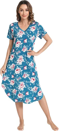 Vista 22 de NACHILA Bamboo Viscose Nightgowns for Women Cooling Short Sleeve Sleepshirt A-aqua Green