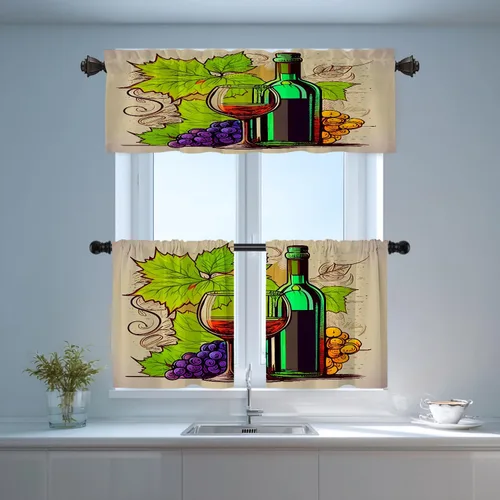 Vista 6 de Shrahala Cortinas opacas con diseño de uvas maduras de dibujos animados, copa de vino y botella, cenefa de cocina, cortinas de bloqueo de luz