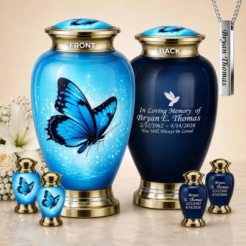 Vista 10 de Juego de 6 urnas de cremación decorativas personalizadas con diseño de mariposa azul para cenizas humanas, incluye 1 urna grande para cenizas