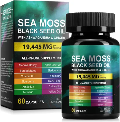 Vista 10 de Gomitas de musgo marino, gomitas de musgo marino con aceite de semilla negra, Ashwagandha, ingredientes naturales Shilajit y jengibre para hombres