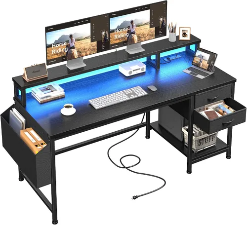 Vista 10 de DurayLoly Escritorio para juegos de 40 pulgadas con cajones y bolsa de almacenamiento, escritorio para computadora con tomas de corriente y luces