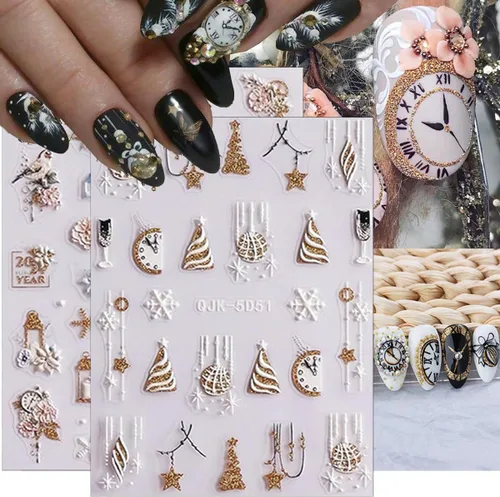 Vista 2 de Calcomanías de arte de uñas de Navidad 5D en relieve autoadhesivas para arte de uñas, lindos gnomos de Papá Noel, muñeco de nieve, árbol de Navidad